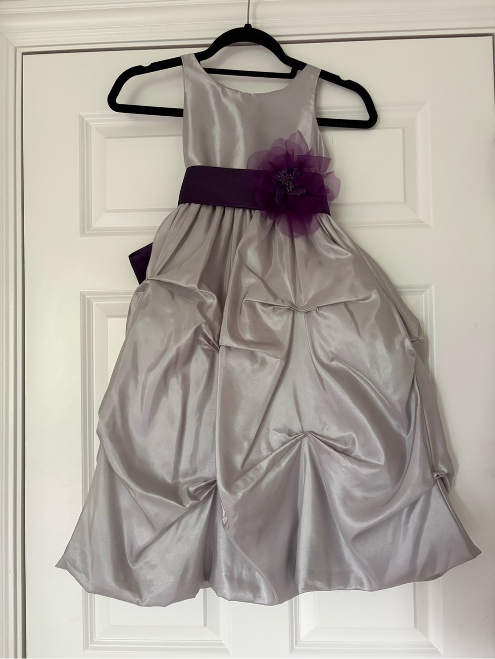 Girls Silver Satin Party Dress with Purple Sash and Flower